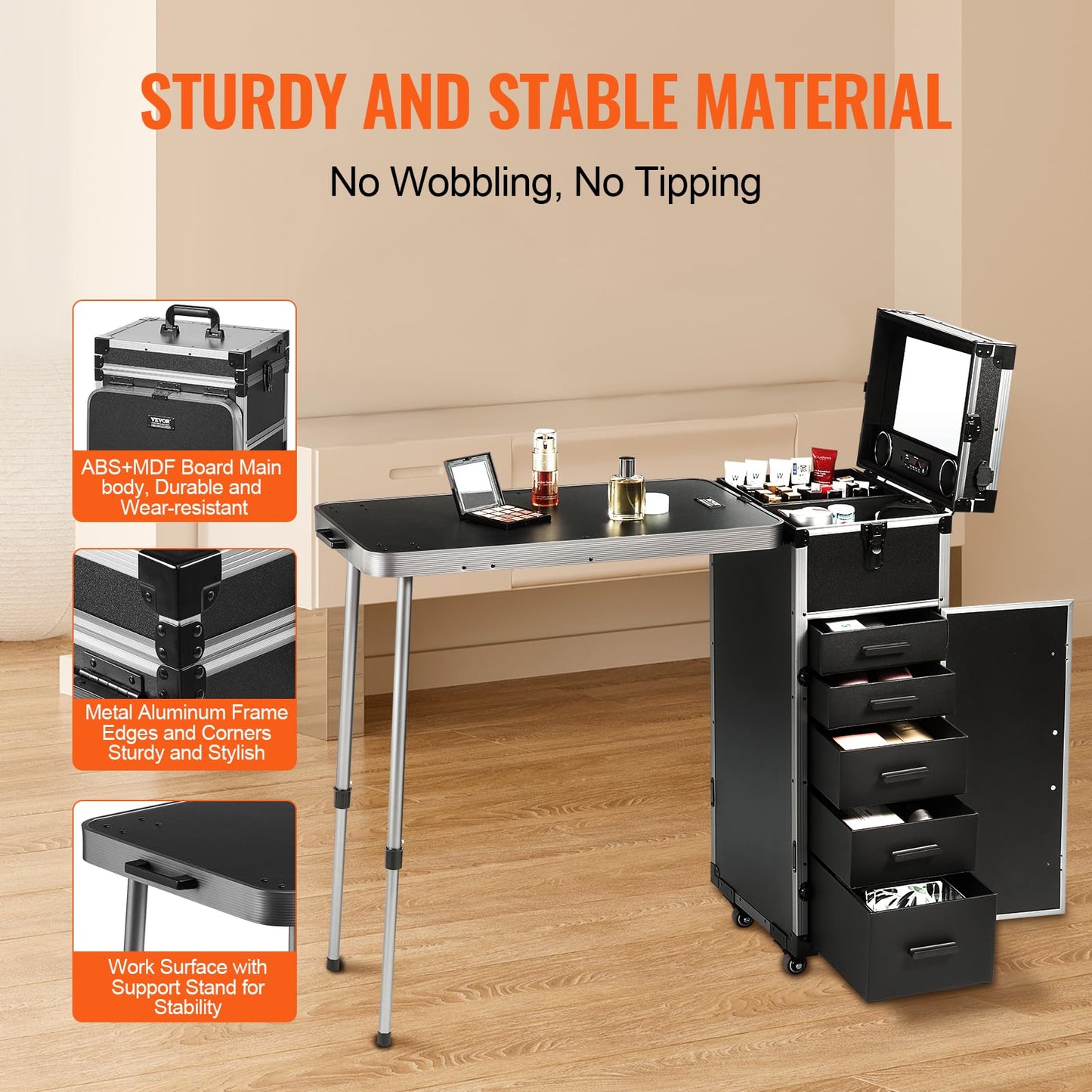 VEVOR Professional Makeup Train Case Aluminum Cosmetic Case Workbench with Supporting Legs Rolling Makeup Case HZXXGZTSZDS02K8W5V1