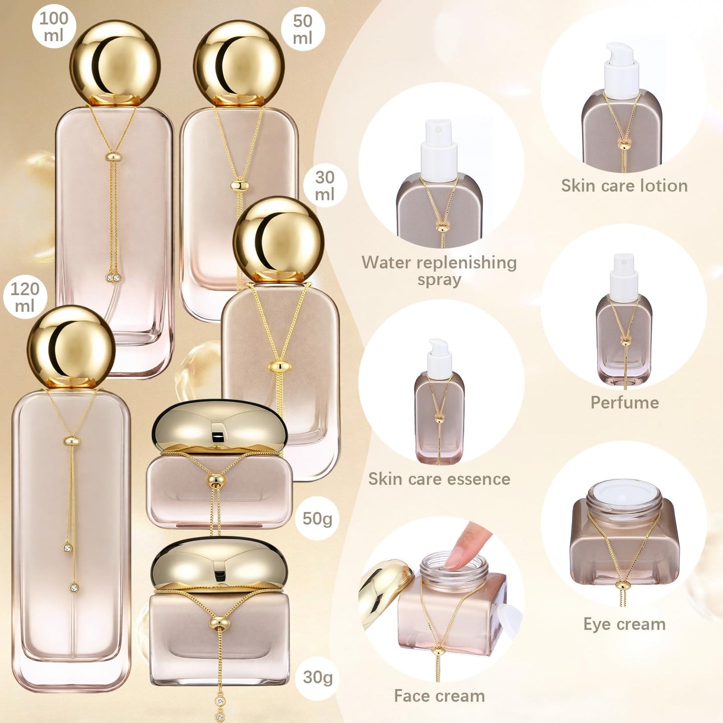 Gandeer 6 Pcs Luxury Glass Skincare Containers Set Refillable with Pump Glass Bottle with Gold Chain Spray Bottle Skincare Jars 1.01-4.06 oz for Oil Water Cream Foundation Serum Moisturizer(Orange)