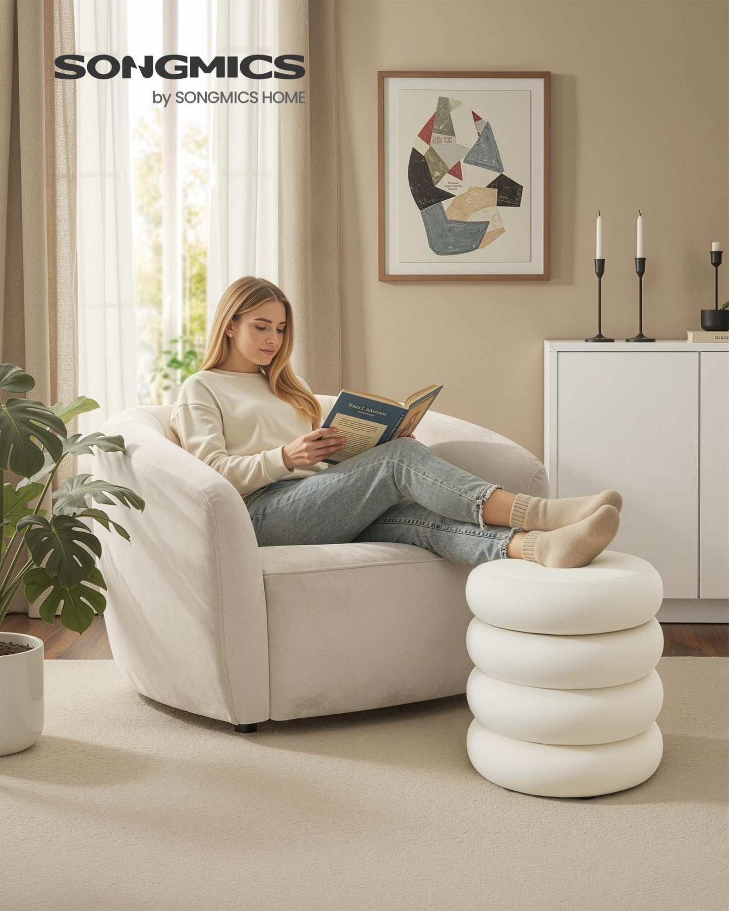 SONGMICS Vanity Stool, Round Ottoman with Storage, Upholstered Foot Stool, Removable Lid, for Living Room, Bedroom, Easy Assembly, 16.9 x 16.9 x 18.5 Inches, Velvet Fabric, Cream White ULOM018LH01