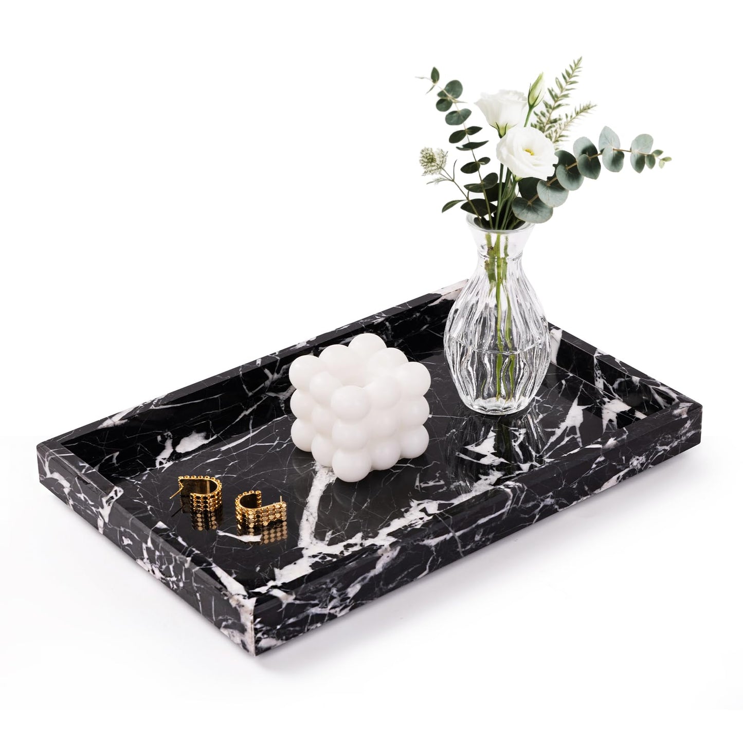 Homaura Marble Bathroom Tray for Countertop & Home Decor, Natural Decorative Marble Tray for Jewelry & Perfume Organizer, Luxury Stone Vanity Trays for Dresser, Kitchen Counter, 12" x 8", Black