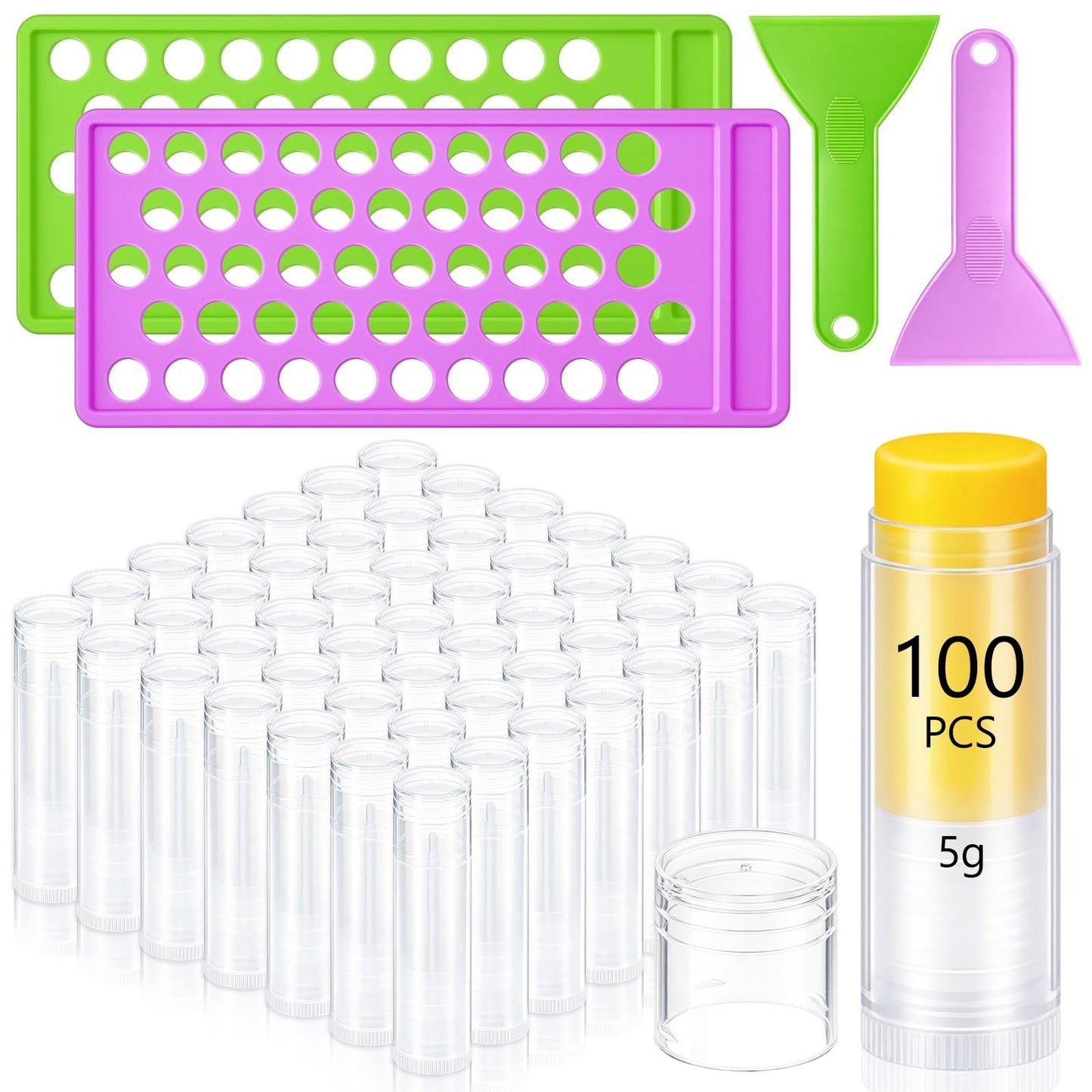 Singhoow 100 Pcs Lip Balm Tubes with 2 Filling Tray and 2 Spatula, 5 g Twist-up Lip Balm Containers with Caps for DIY Homemade Lipsticks, Solid Perfume, Gifts, Bpa Free & Leak Free(Clear)