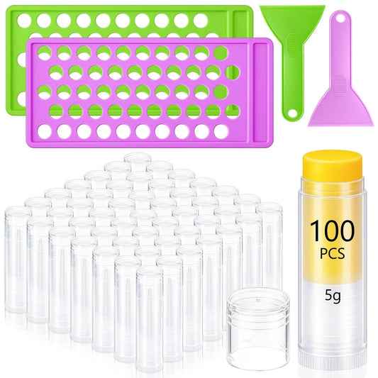 Singhoow 100 Pcs Lip Balm Tubes with 2 Filling Tray and 2 Spatula, 5 g Twist-up Lip Balm Containers with Caps for DIY Homemade Lipsticks, Solid Perfume, Gifts, Bpa Free & Leak Free(Clear)