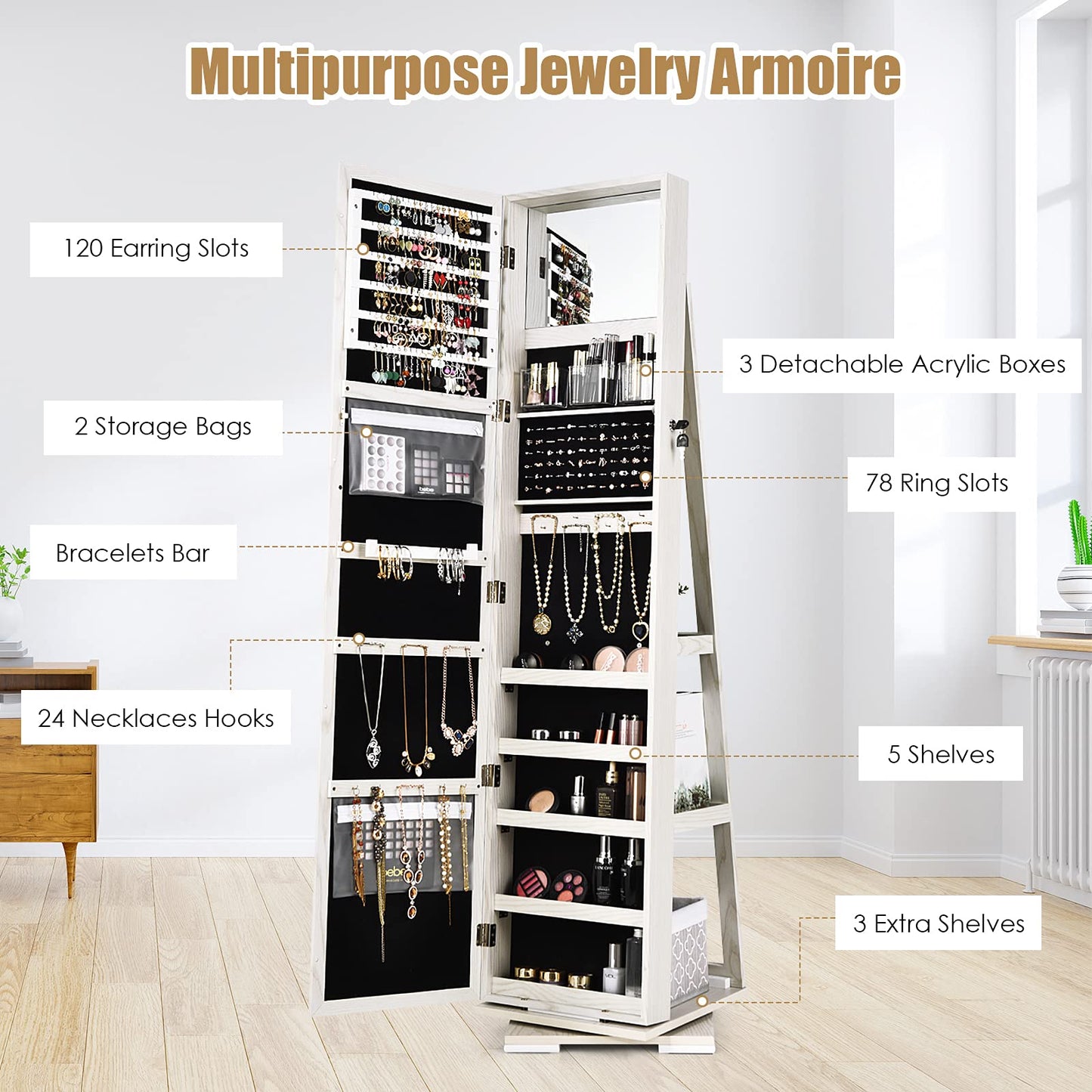 Hysache 360 Rotating Mirrored Jewelry Cabinet, Free Standing Jewelry Armoire, 2-in-1 Lockable Large Capacity Jewelry Organizer w/Full Length Mirror, Inside Makeup Mirror, 78 Ring Slots(WH)