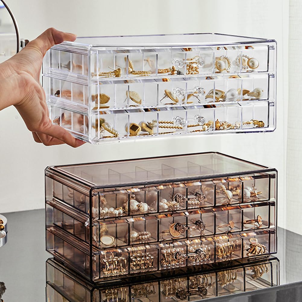 LOARNIEA Earring Organizer Box Acrylic Stackable Jewelry Organizer with 3 Drawers 72 Small Compartments Clear Jewelry Display Stand for Stud Earring Ring Pin Display (Transparent)