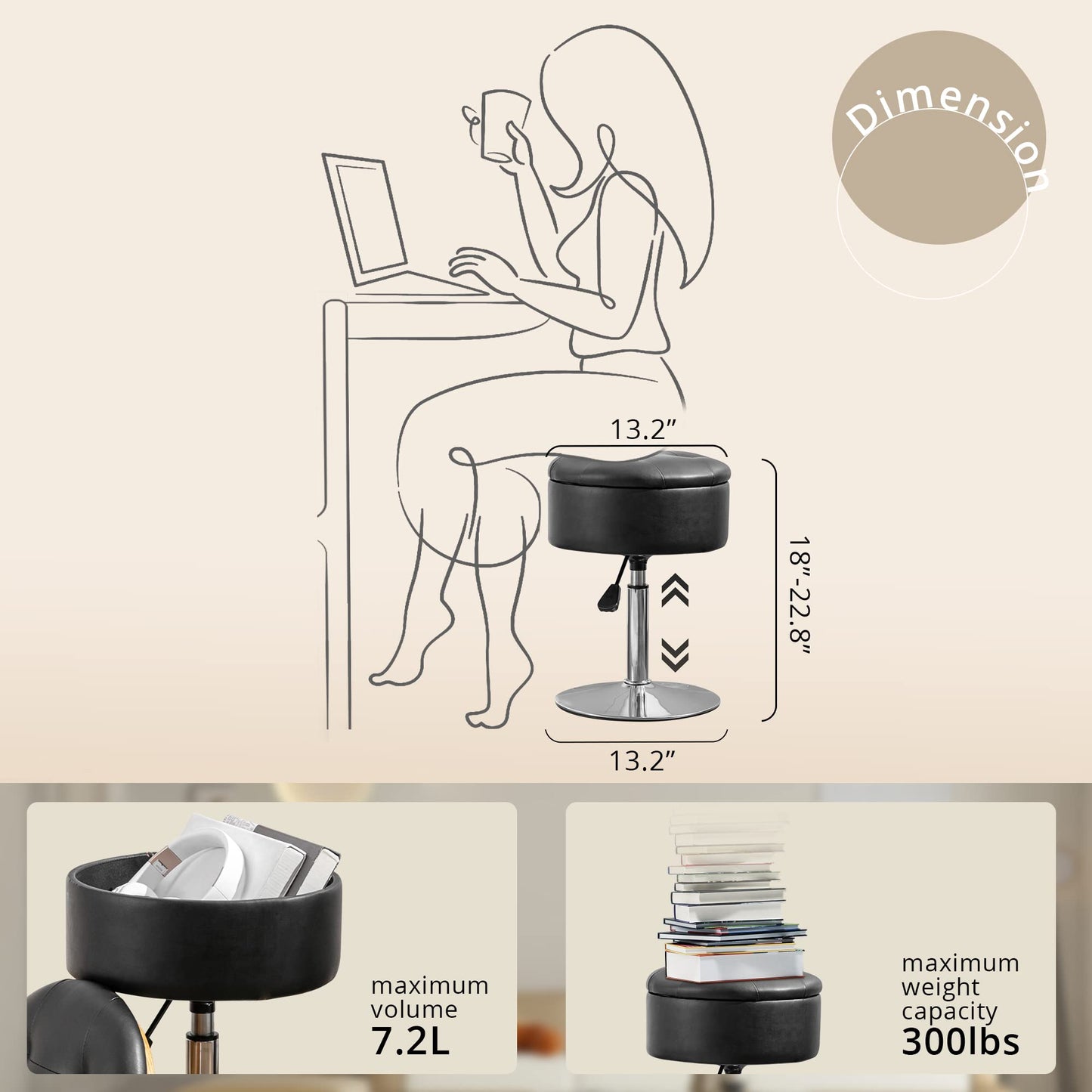 LUE BONA 360°Swivel Vanity Stool Chair for Makeup Room, Height Adjustable Stool for Vanity with Storage, Small Black Faux Leather for Bathroom, Living Room