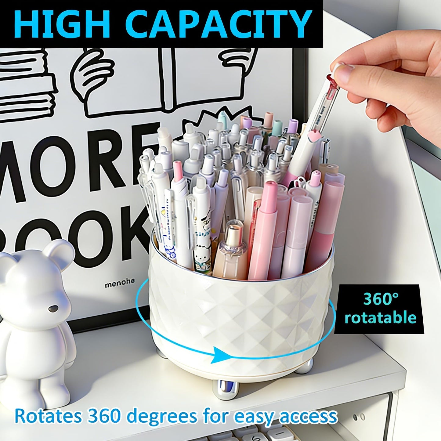 GOTOBA 360° Rotating Pencil Holder for Desk, Makeup Brush Holder with 6 Slots, Desk Organizer for Writing Utensil, Office and School Supplies (Milky White)