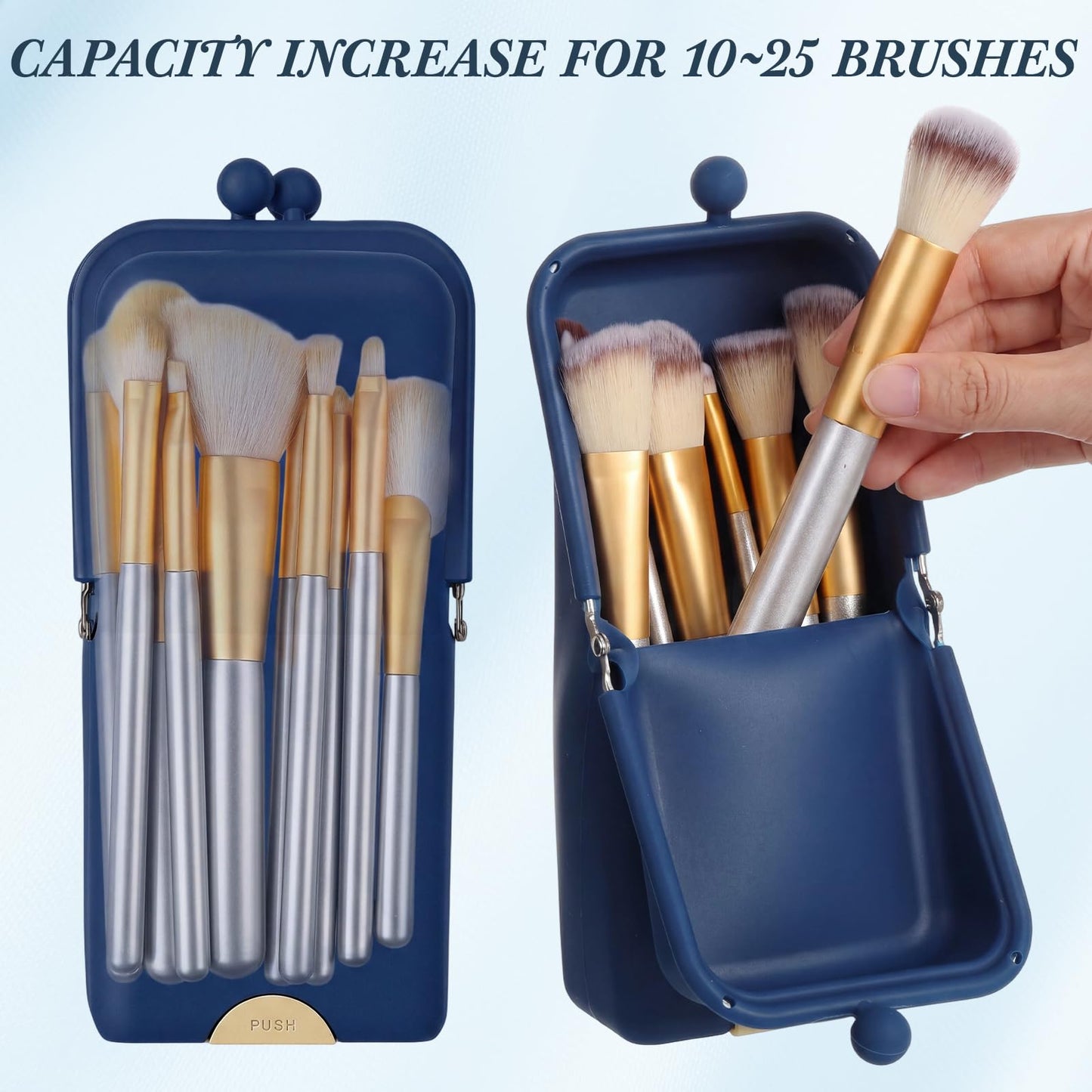 Kacctyen Makeup Brush Case Silicone Makeup Brush Holder Standing Silicone Make up Travel Bag Portable Cosmetic Case Organizer with Suction Base and Phone Stand Pouch for Travel Home Use (Navy)
