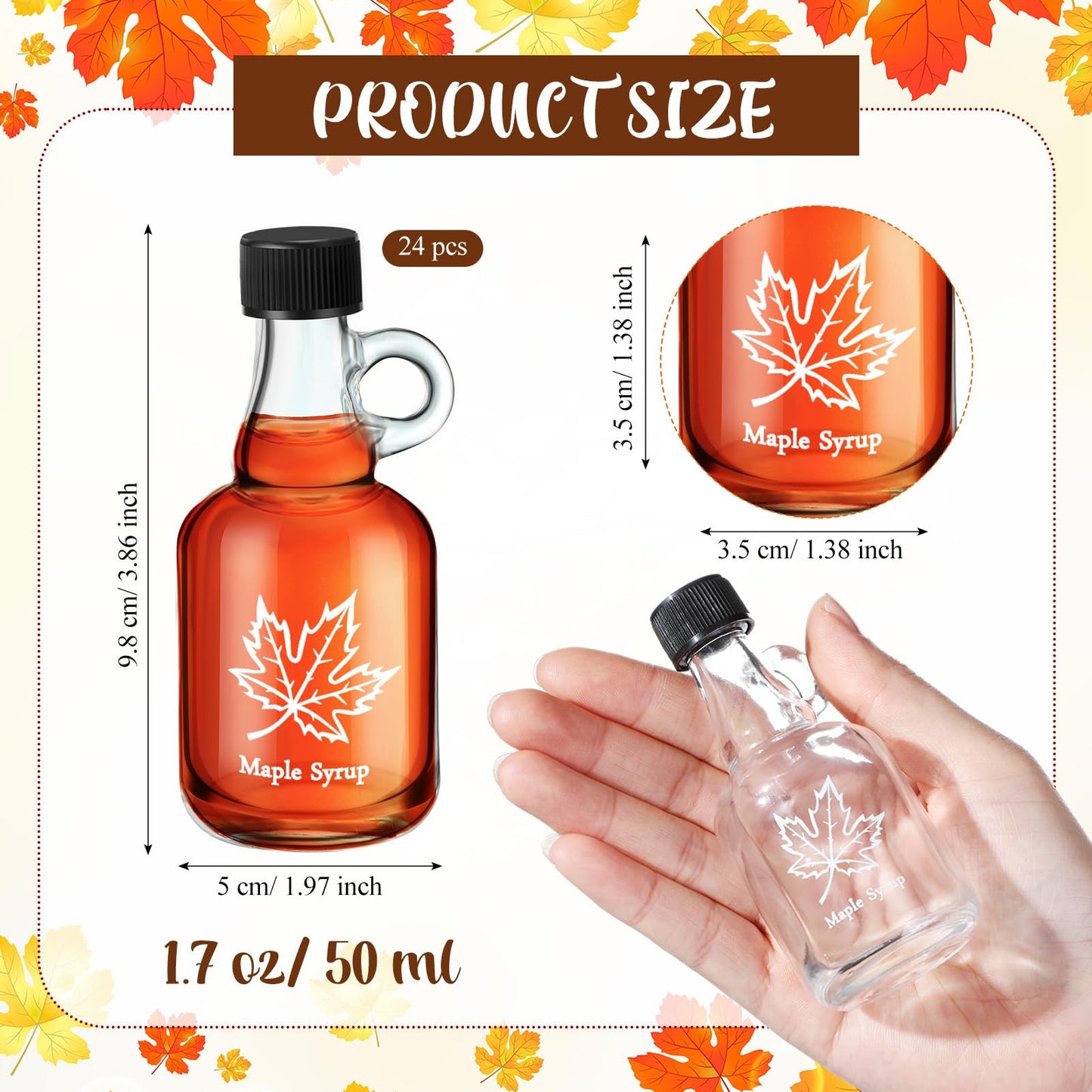 Havawish 24 Pcs 1.7 oz Glass Maple Syrup Bottles Mini Syrup Container with Loop Handle and Plastic Lids, Small Empty Jars for Oil Storage Gift