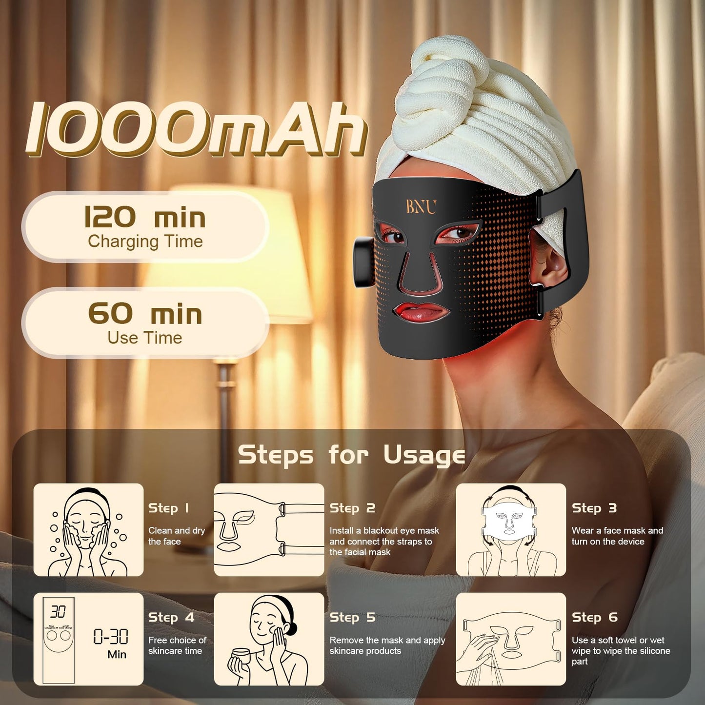 BNU Wireless Red Light Therapy for Face, 4 Modes LED Light Therapy Mask with 400 LED Beads, Dual 1000mAh Remote Control, 850NM Infrared Red Light Therapy for Anti-Aging at Home & Travel