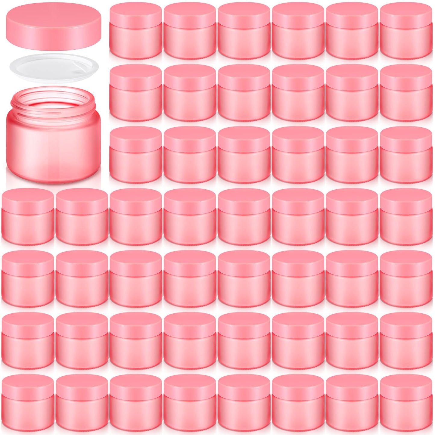 Domensi 48 Pcs 2 oz Glass Jars with Lids Travel Size Round Leakproof Empty Cosmetic Jars with Inner Liners Lid for Storing Makeup Lotions Face Cream Ointments DIY Making (Pink)