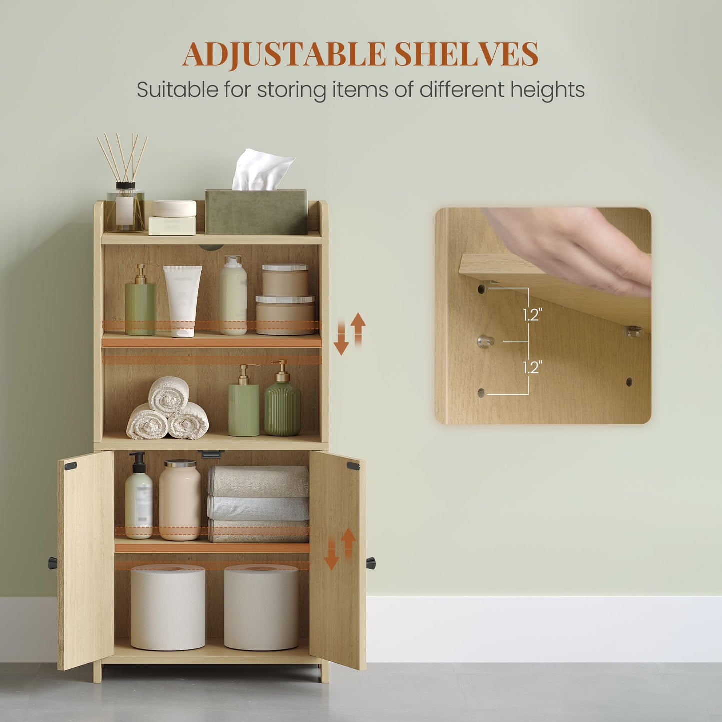HEXCELEN Small Bathroom Storage Cabinet, Bathroom Organizers and Storage with 2 Doors and Shelves, Floor Cabinet Freestanding with Adjustable Shelf for Small Spaces, Yellow 7.9" D x 14.6" W x 29.6" H