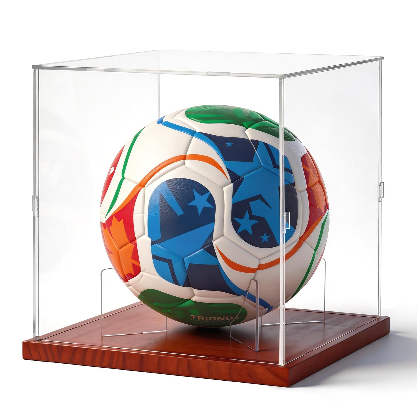 Fitense Soccer Ball Display Case with Solid Wood Base, UV Protected Clear Acrylic Box, Removable Transparent Holder for Autographed Balls, Sports Collectibles & Memorabilia Display