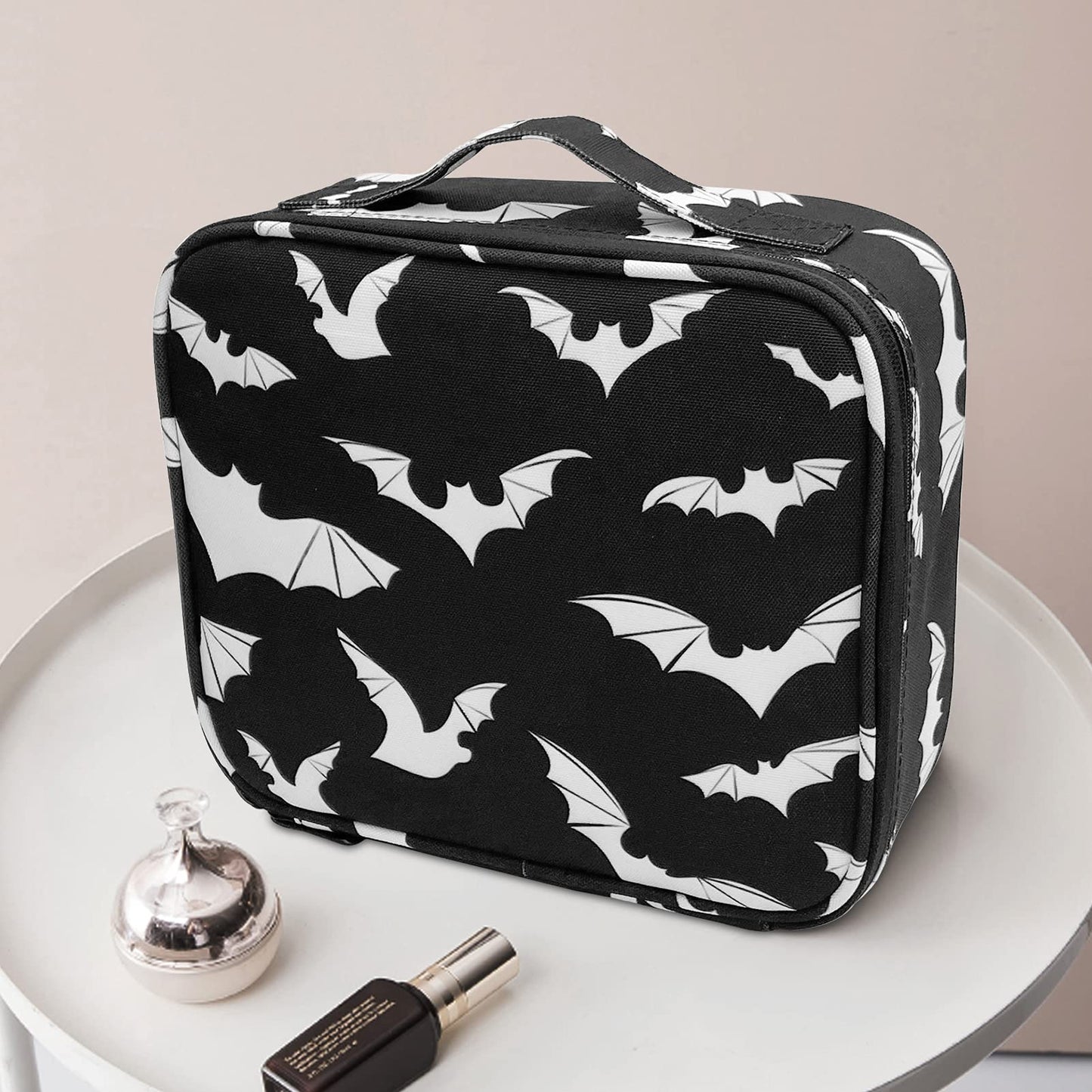 9CH Goth Makeup Organizer Bag, Halloween Makeup Bags Large Cosmetic Bag with Adjustable Dividers Portable Bat Cosmetic Case for Make up Brushes Toiletry Jewelry（Black Bats）