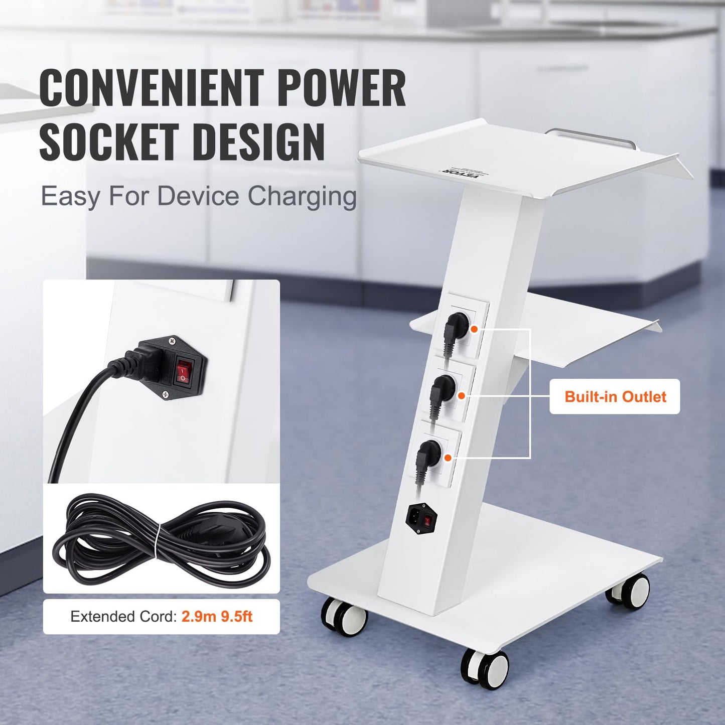 VEVOR Rolling Esthetician Cart with 3 Built-in Sockets, 3-Tier Metal Medical Trolley on Swivel Wheels, Mobile Ultrasonic Tray Cart, for Lab, Clinic, Beauty and Dental, 220 lbs Weight Capacity