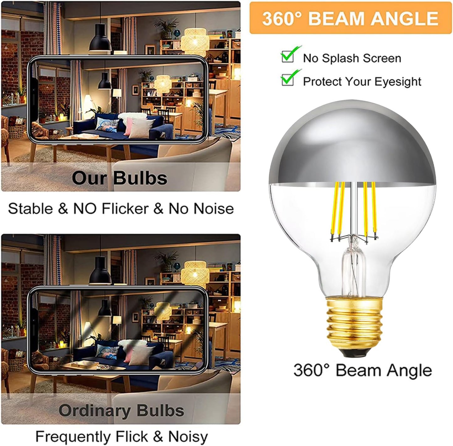XININSUN Dimmable Half Chrome Light Bulb,6W (60W Eqv.), Anti Glare LED Light Bulbs,G25 Globe Light Bulbs,E26 G80 Silver Dipped Bulb for Bathroom, Vanity, Mirror,4000K Daylight,4Pcs