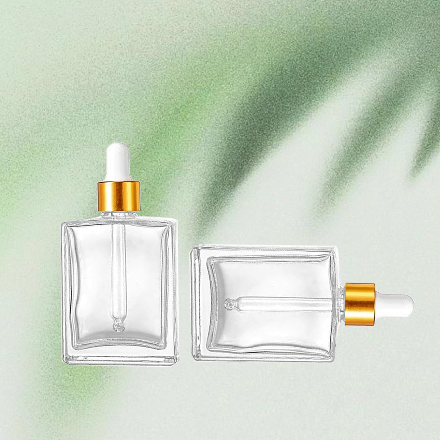 BEGIKET 6 Pack 1.7oz Clear Square Glass Dropper Bottles, 50ml Empty Square Perfumes Bottles with Eye Droppers, for Essential Oils,Liquids, Tincture Bottle (Clear -Golden Cap)