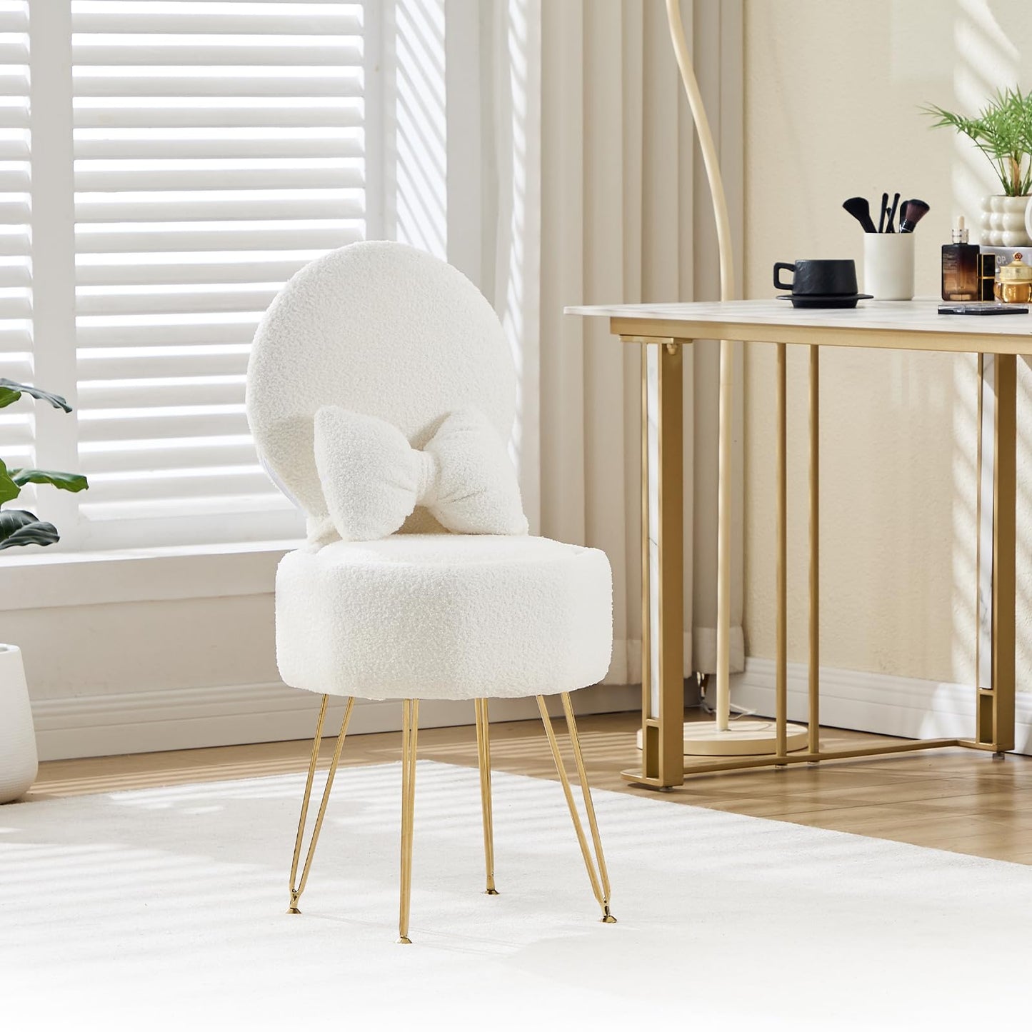 Garvee Vanity Stool Chair with Pillow & Foldable Backrest, Sherpa Fleece Vanity Chair with Stroage Space & Metal Legs, Soft Storage Ottoman, Modern Accent Chair for Makeup Bedroom Living Room, White