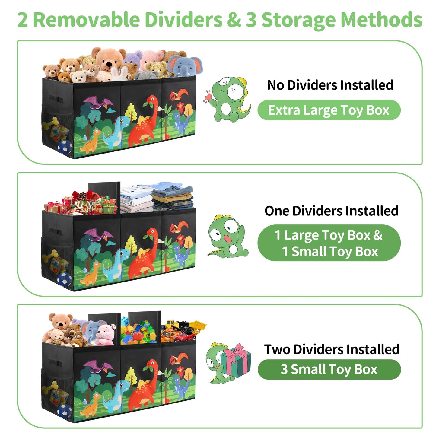 KORVAX Extra Large Kids Toy Box, Foldable Toy Organizer with Dividers & Lids, 148L Dinosaur Storage Bin for Toddlers Boys Girls, Collapsible Chest for Toys, Books, Bedroom, Playroom, Nursery Black