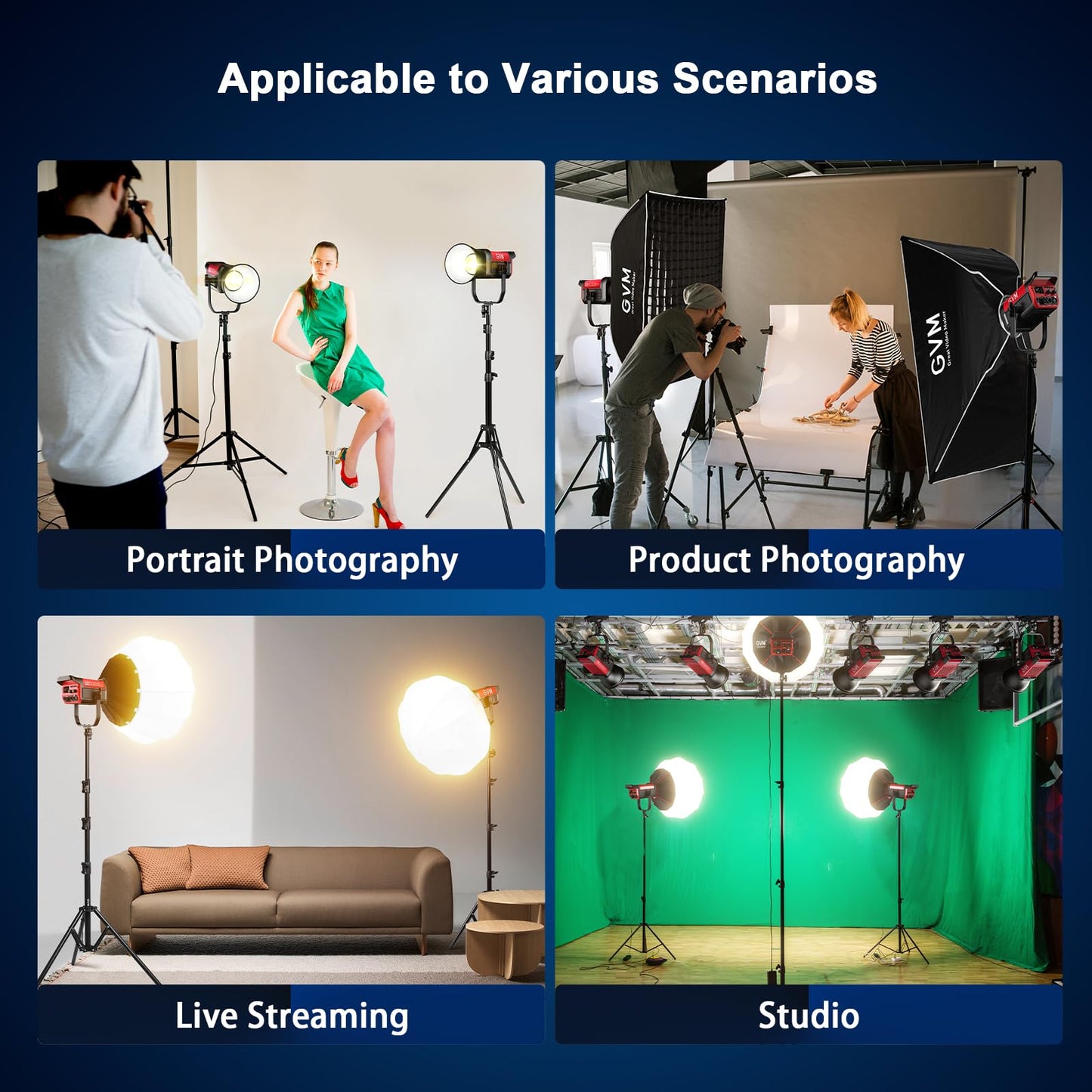 GVM 300W LED Video Light Kit with Softbox, CRI97+ Photography Lighting for Video Recording with Bowens Mount, 65000Lux/m Studio Lights with APP&DMX Control, 2700-6800K, 12 Scene Light