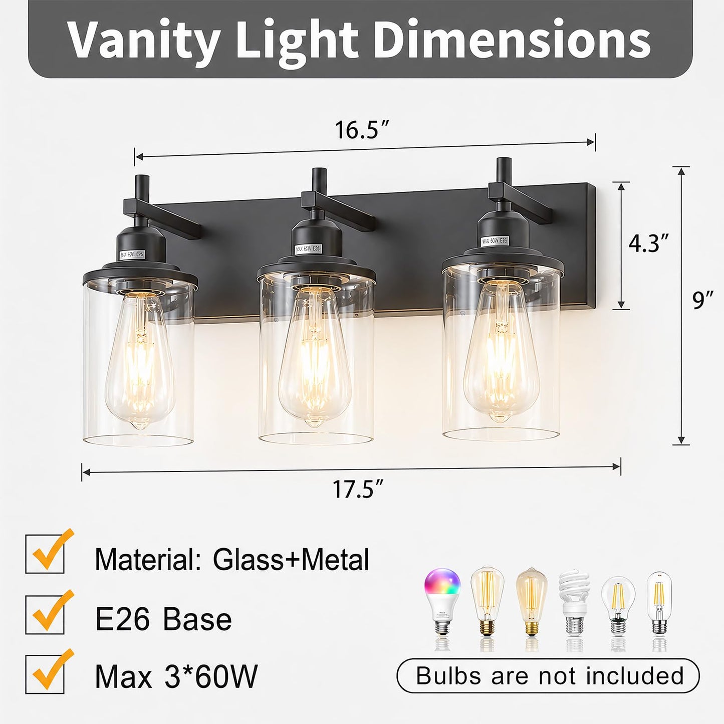 Lanhall 3-Light Black Bathroom Light Fixture Over Mirror Modern Farmhouse Bathroom Vanity Light Vintage Wall Lighting with Clear Glass Shade for Bathroom, Bedroom, Hallway, Cabinet