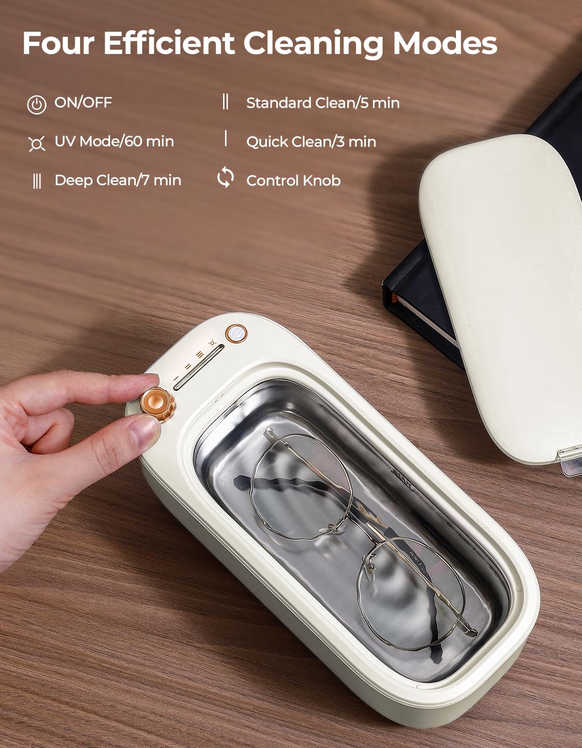 ULTRDREAMS 400ml Ultrasonic Cleaner Machine for Jewelry, Professional Electric Mini Cleaning Device with UV Light & 4 Modes for Glasses, Ring, Denture, Invisalign & Makeup Brush - Ivory