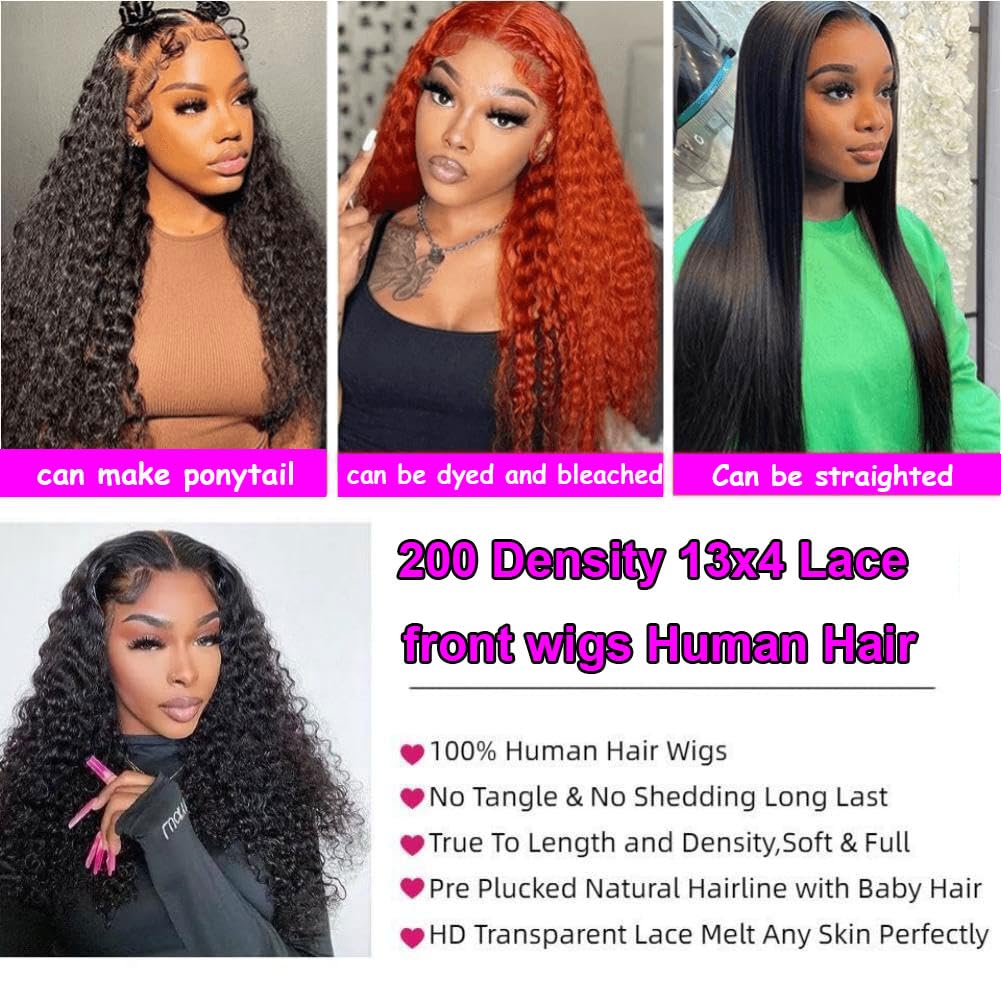 Rozilo 30 Inch Deep Wave Lace Front Wigs Human Hair 200 Density 13x4 HD Lace Frontal Wigs Human Hair Pre Plucked Deep Curly Glueless Wigs Human Hair for Women Natural Black
