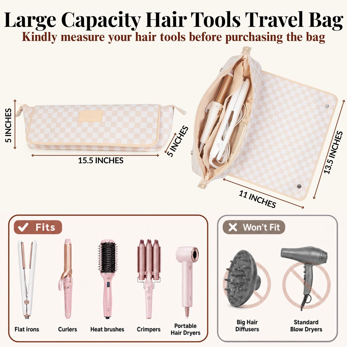 BAREFOOT CARIBOU Hair Tools Travel Bag and Heat Resistant Mat (15.5") for Flat Irons, Straighteners, Curling Iron,and Haircare Accessories, 2-in-1 design, Interior Pockets, Organizer (Checkered Peach)