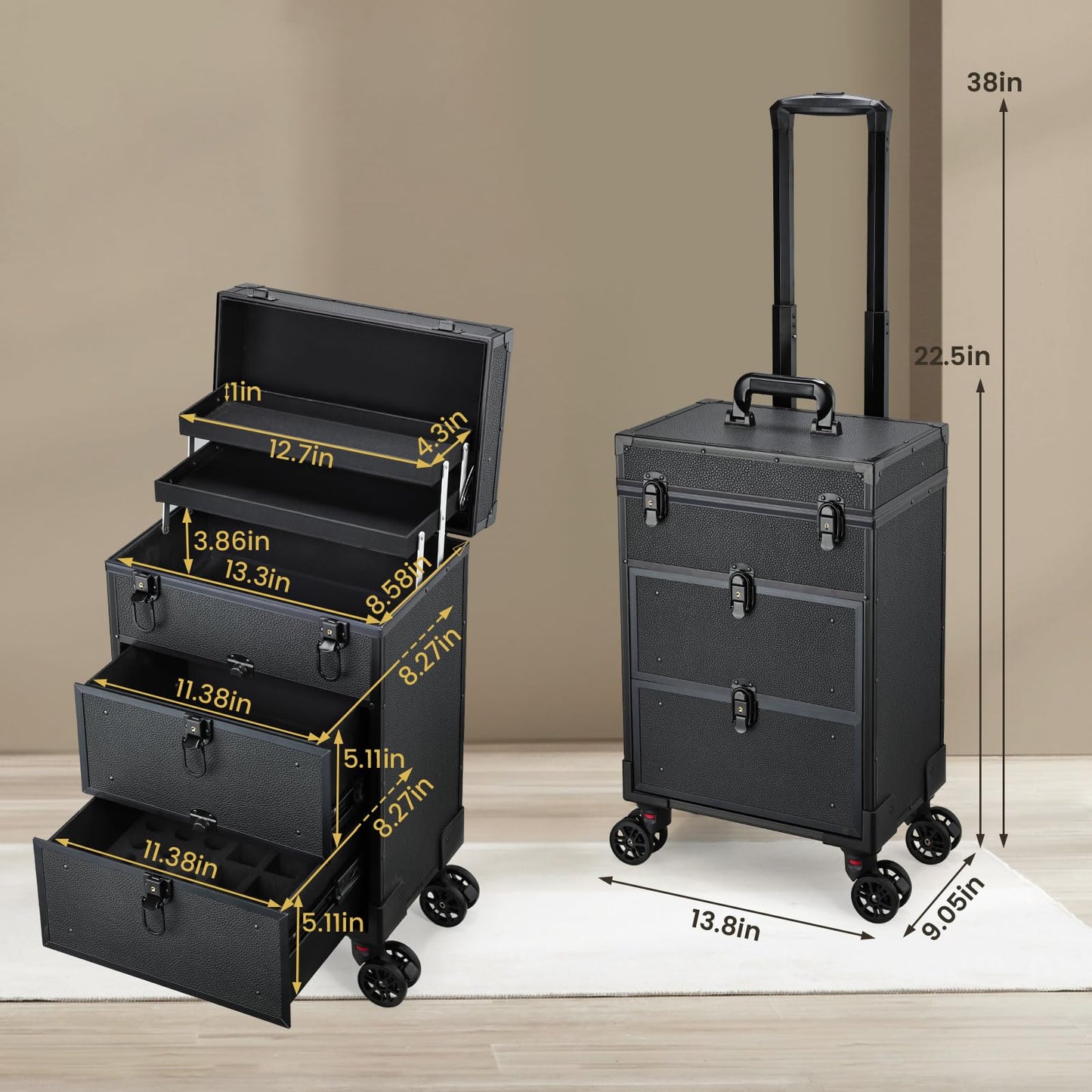 Yueieoun Rolling Makeup Train Case with 2 Large Drawers Cosmetology Case on Wheels Nail Carts Organizer Case Make Up Artist Tattoo Travel Case with Wheels Salon Trolley Black