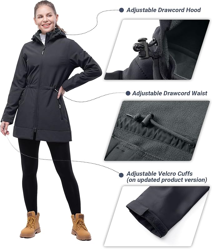 Outdoor Ventures Women's Softshell Jacket with Removable Hood Fleece Lined Windbreaker Insulated Long Warm Rain Jacket