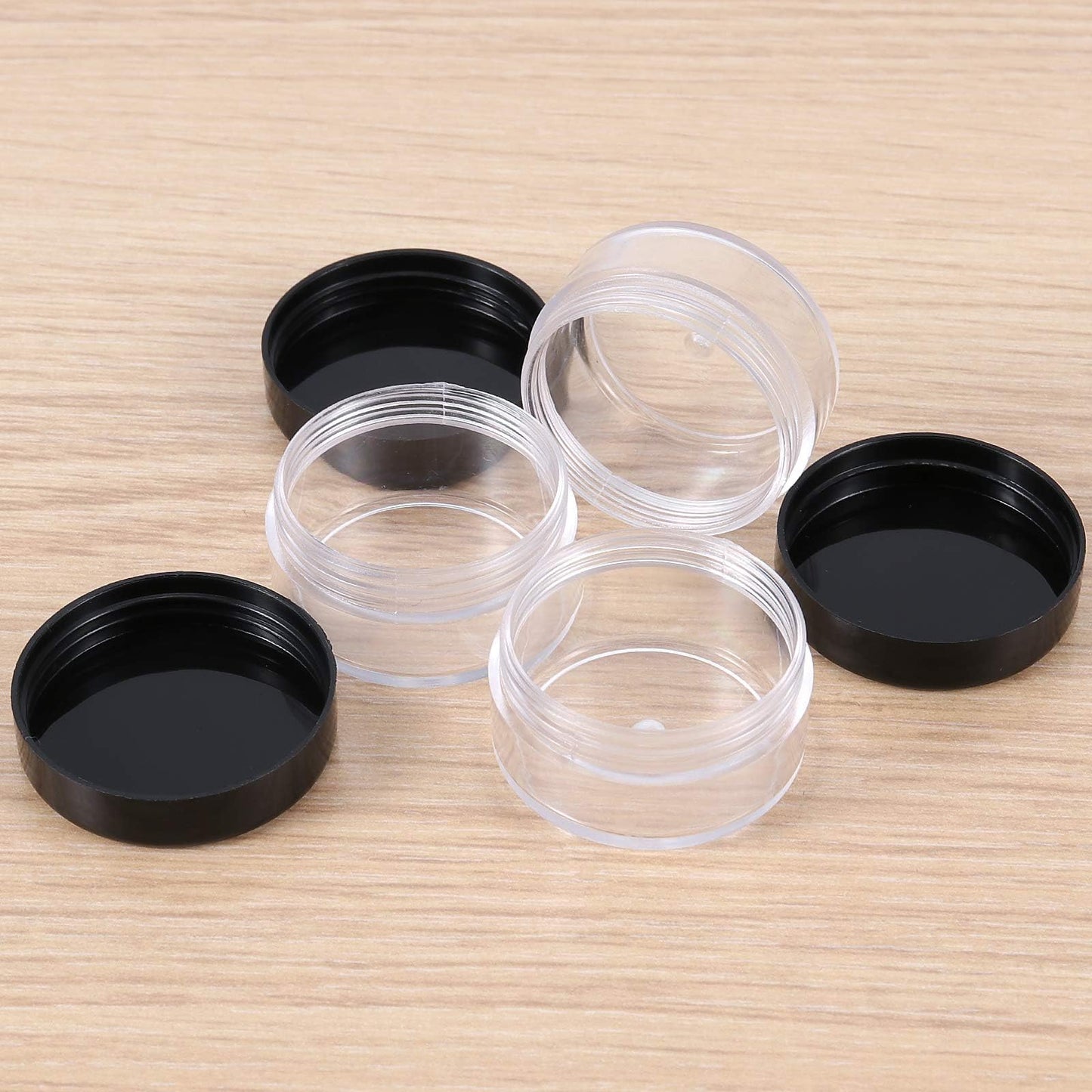KOHAND 150 Pieces 10 Gram Plastic Cosmetic Sample Containers Jars with Black Lids, BPA Free, Small Lip Balm Containers, Clear Empty Lip Scrub Container for Creams and Lotions