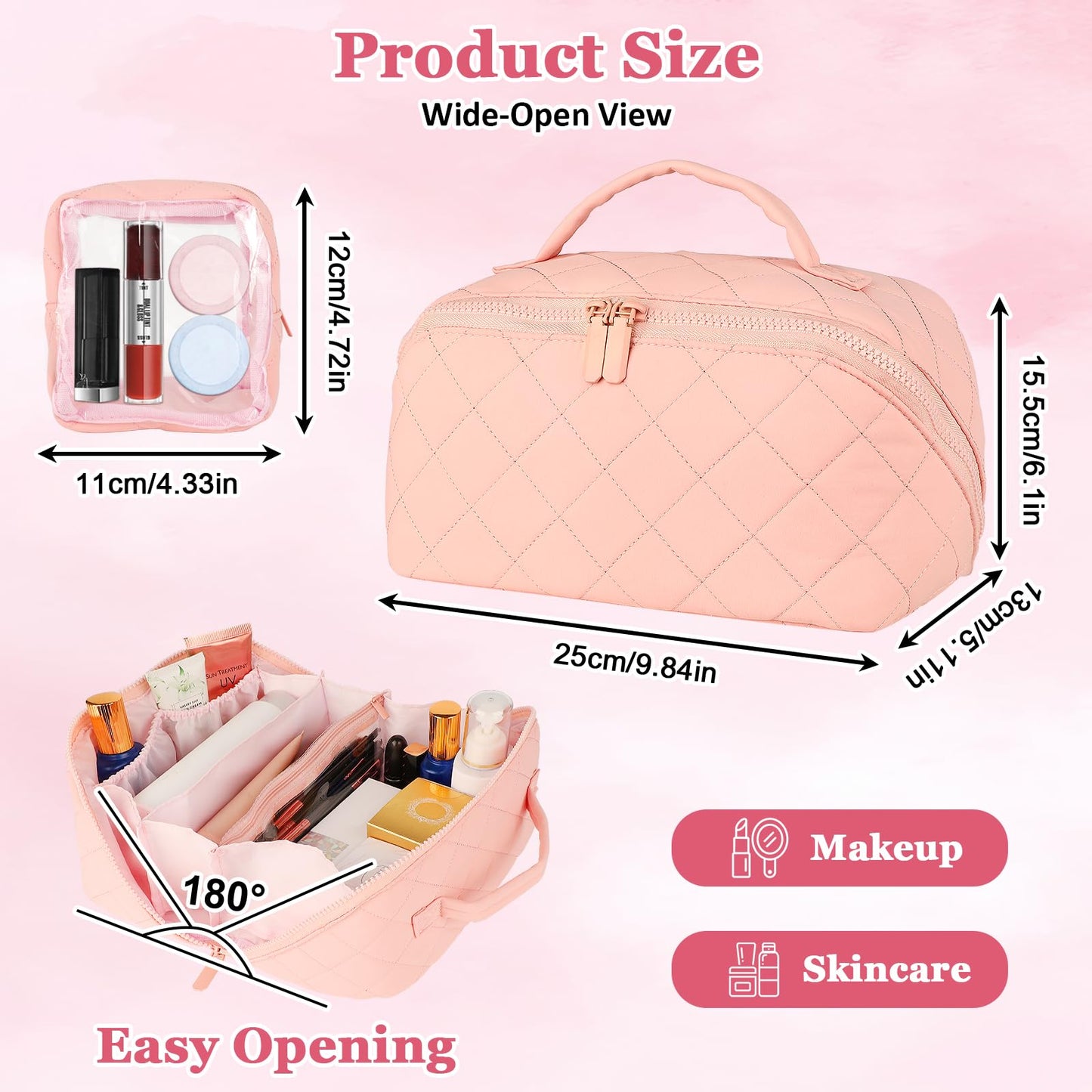 XSMNER Travel Makeup Bag, Festivalment Wide Open Lay-Flat Water-Resistant Cosmetic Case, Puffy Padded Organizer for Toiletries & Brushes Large Capacity with Compartments (Pink)
