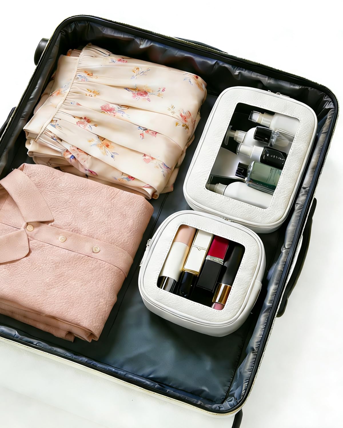 FFpaw Clear Makeup Bag Set for Women, Waterproof Travel Clear Makeup Bag Small Toiletry Bag Skincare Pouch Portable Travel Cosmetic Bag with Zipper Car Organizer Bag for Essentials (Large+Mini White)