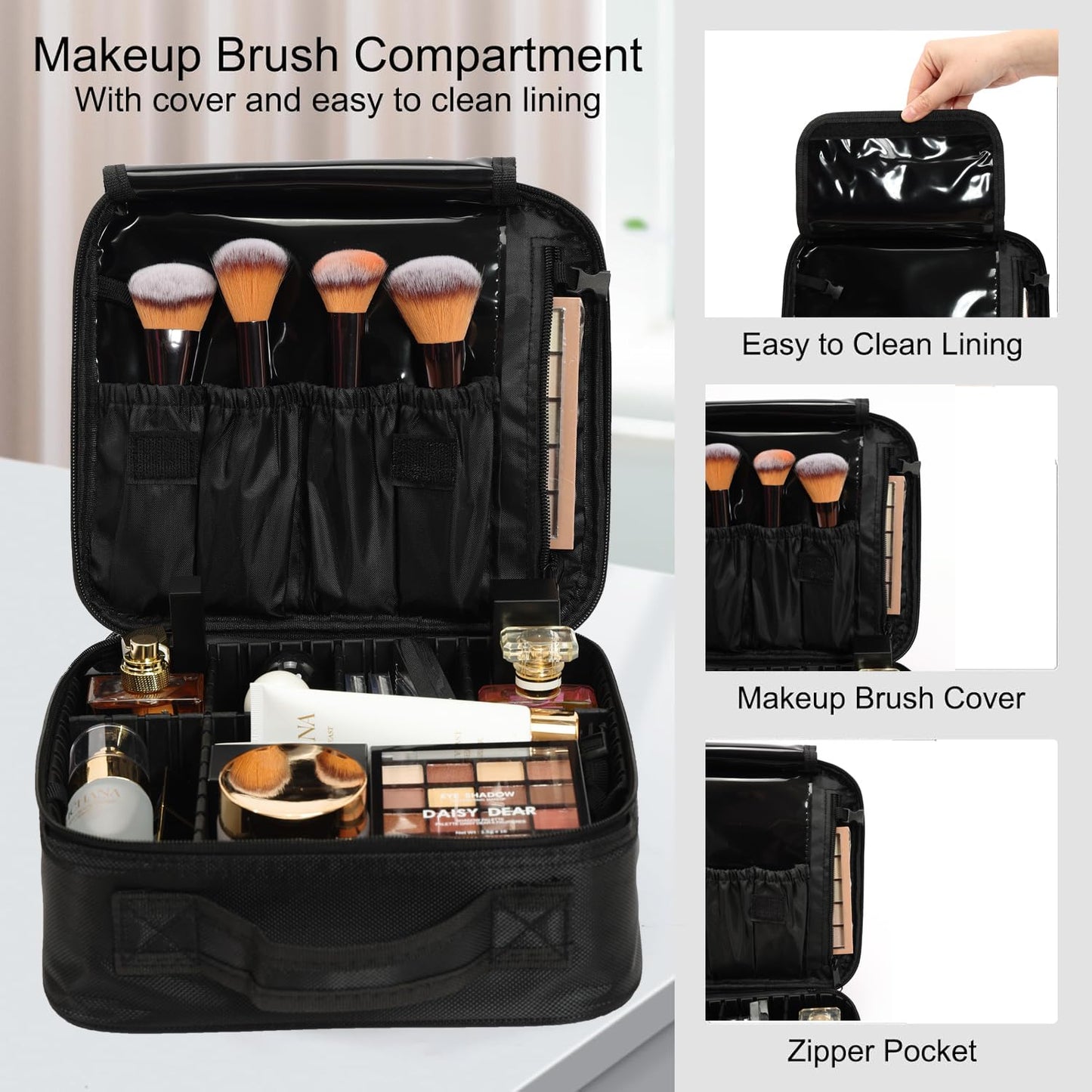 5-in-1 Rolling Makeup Train Case, Large Professional Cosmetic Trolley Organizer on Wheels with 360° Swivel Wheels, Lockable Black Aluminum Travel Case for Makeup Artists, Nail Techs & Hairstylists