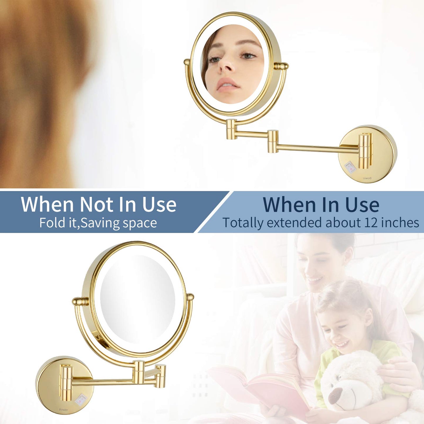 DOWRY 8 Inch Wall Mounted Vanity Makeup Mirror with LED Lighted,360 Swivel Double-Sided 10X Magnification Mirror for Bathroom/Bedroom/Hotel,Gold Finish