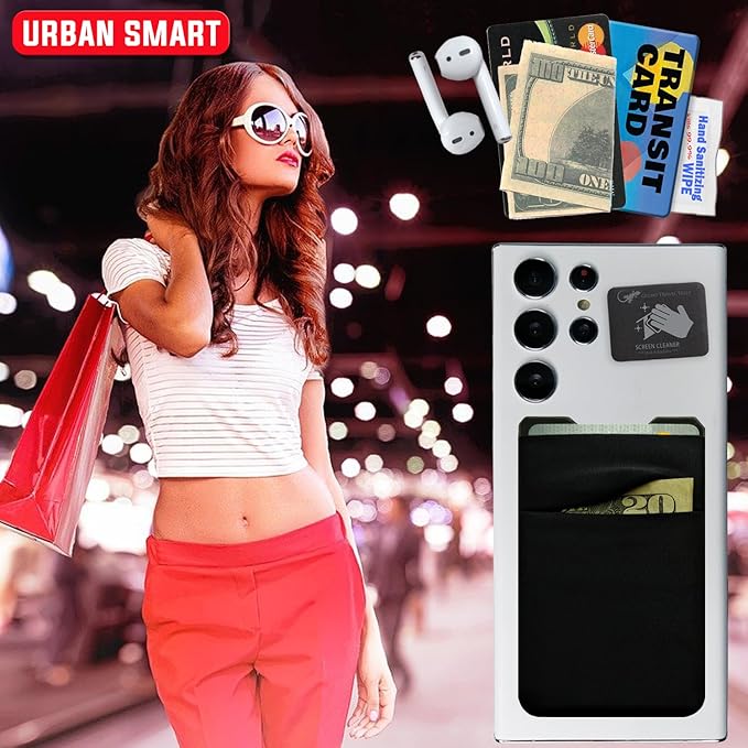 Phone Wallet Double Pocket Gecko - Adhesive Card Holder - Cell Phone Pouch - Stick on Spandex Pocket by Gecko - Carry Credit Cards and Cash (BLACK-BLANK-)