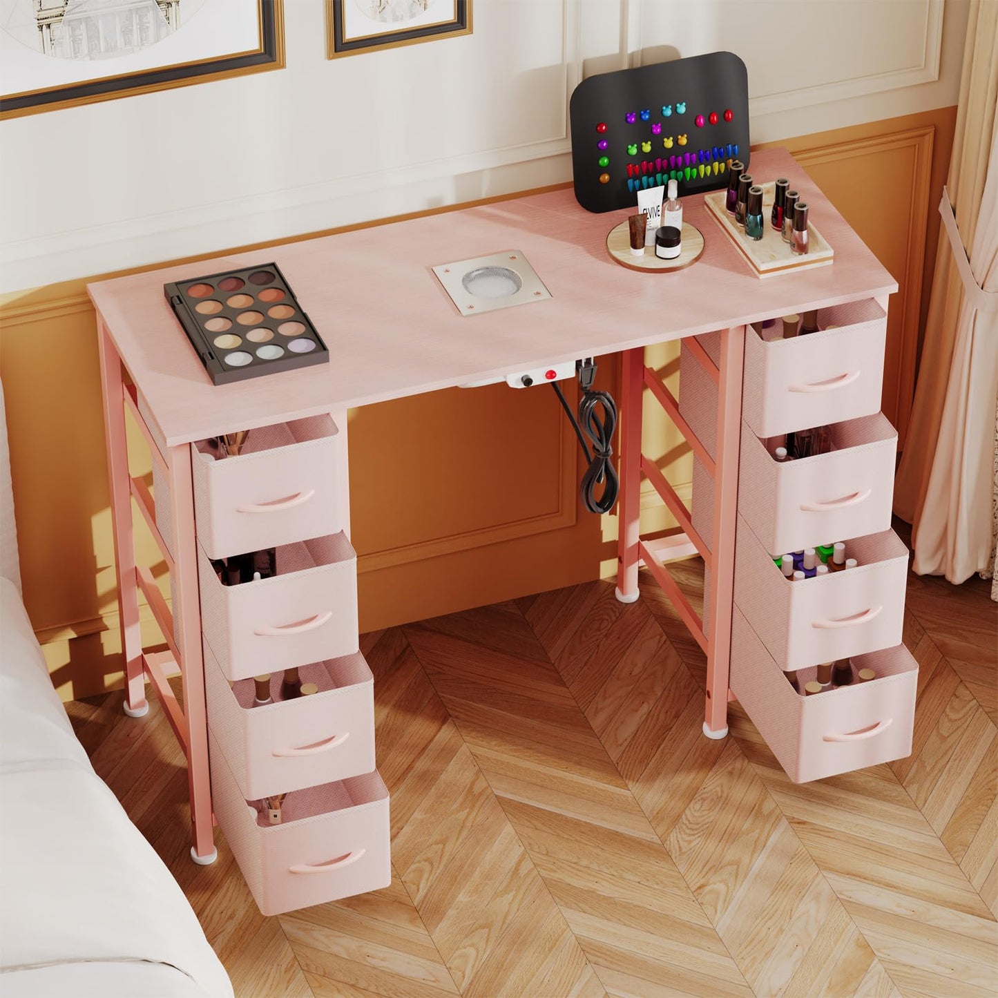 DrawXynth Nail Desk, Manicure Table, Nail Beauty Salon Workstation w/Electric Dust Collector, 8 Fabric Drawers