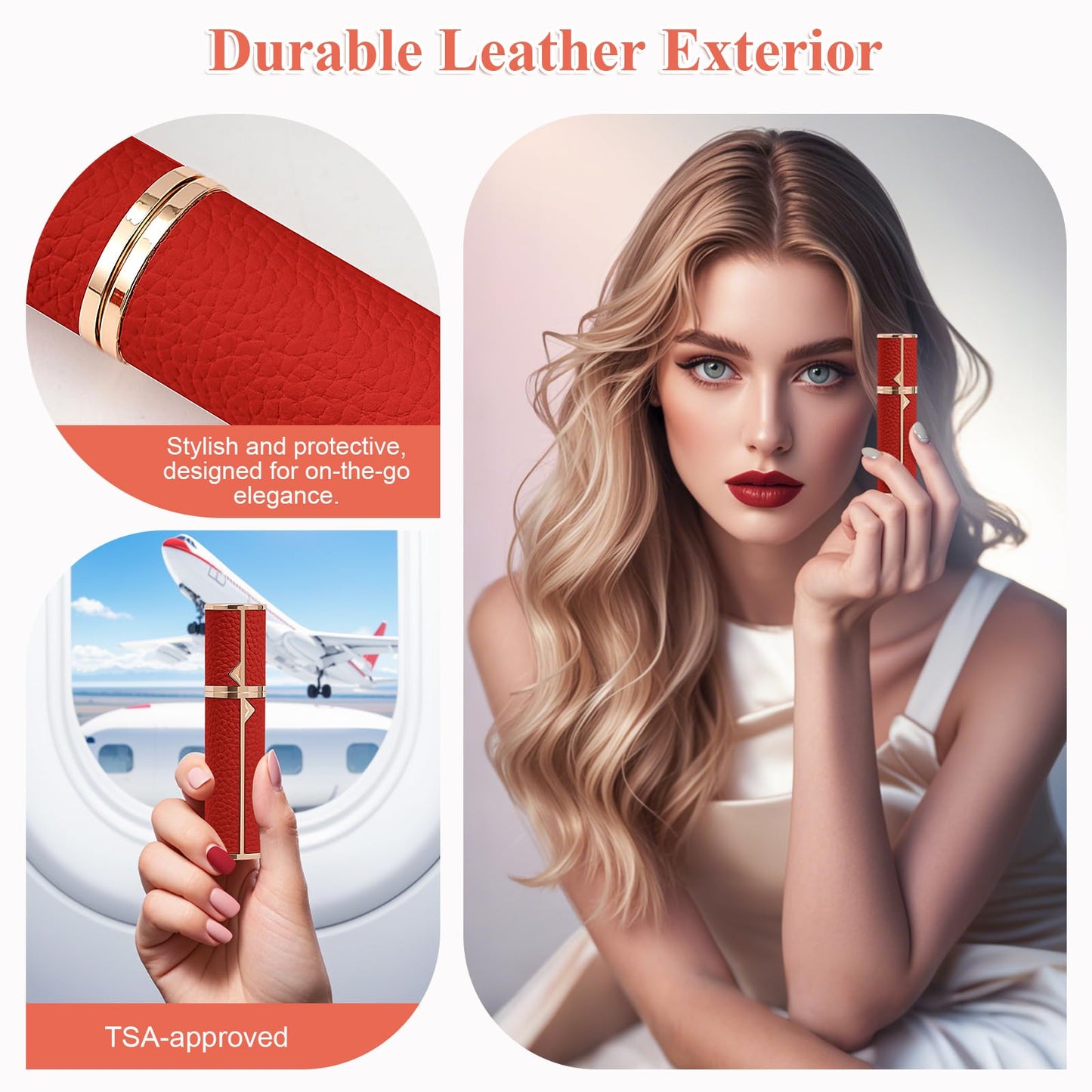 Coxotom Refillable Travel Perfume Bottle – Fine Mist Atomizer, Bottom Fill, Genuine Leather Shell, TSA Approved, For Daily Refresh & Travel (Red, 5ml)