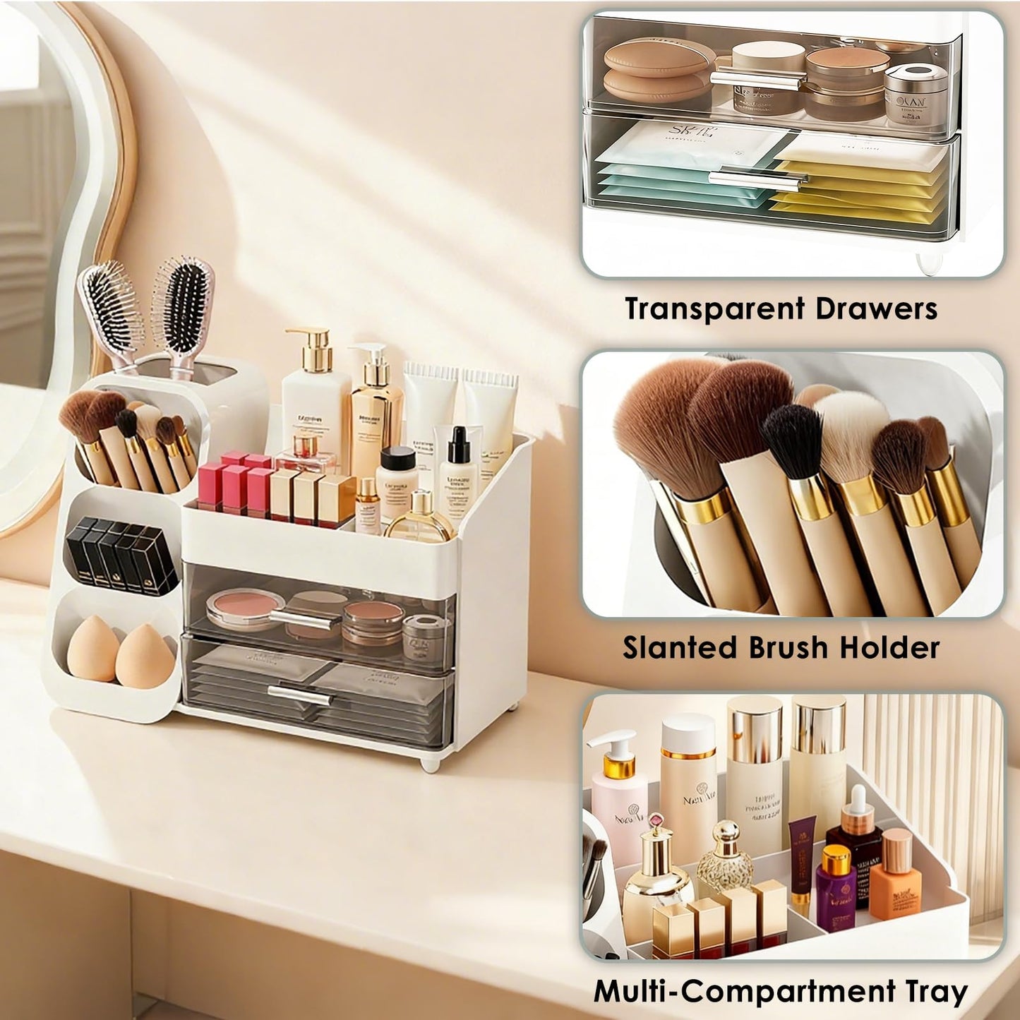 ShinyDew Bathroom Countertop Makeup Organizer with Brush Holder, Large Cosmetic make up storage organizers with 2 Drawers for Vanity Counter top, Makeup Caddy for skincare, lipsticks, hairbrush
