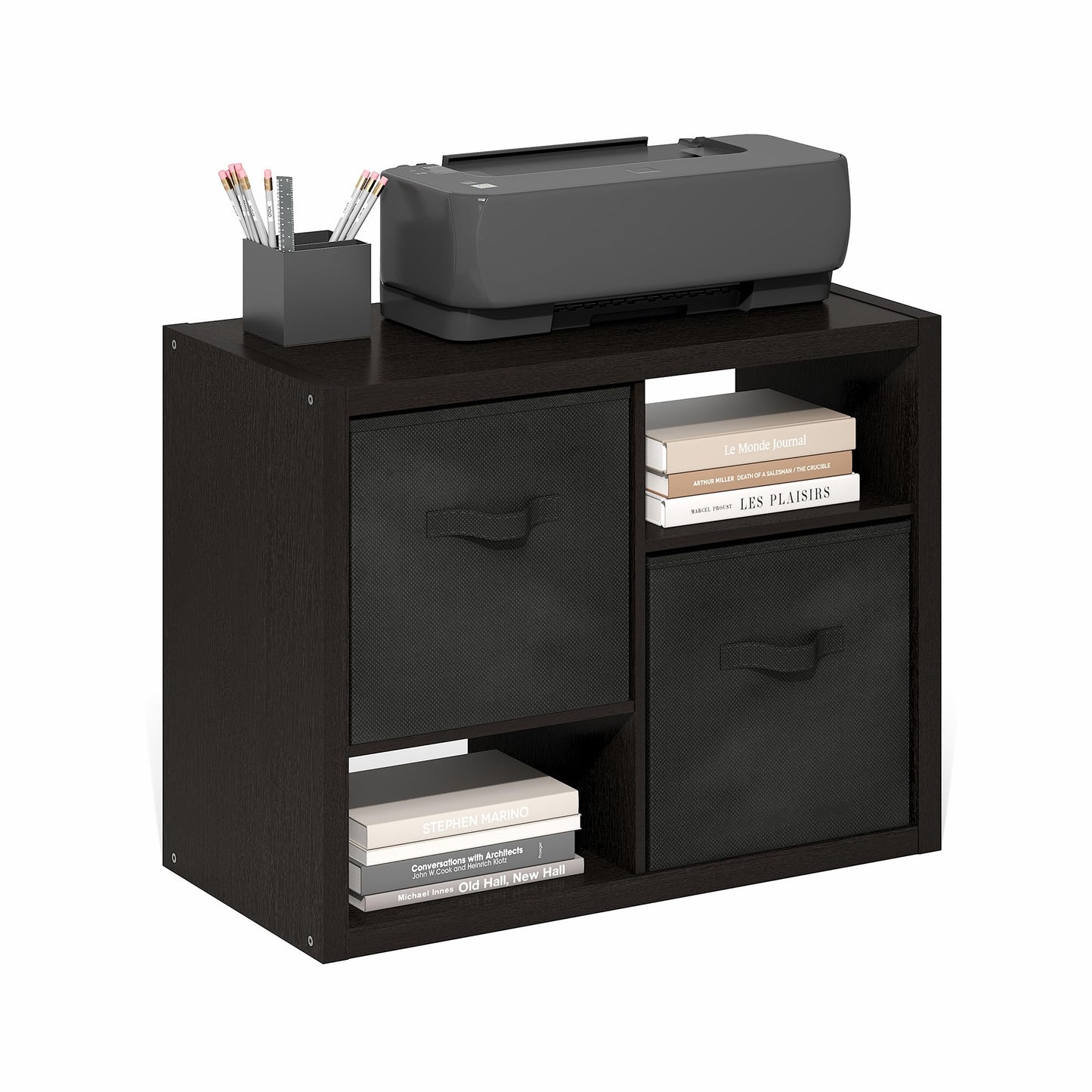 Furinno Viola Storage Shelf, 2-Tier Display Rack with 2 Drawer Bins, Extra Thick Frame Bookshelf, Reversible, for Organization, Living Room, Home Office, Black Dark Oak