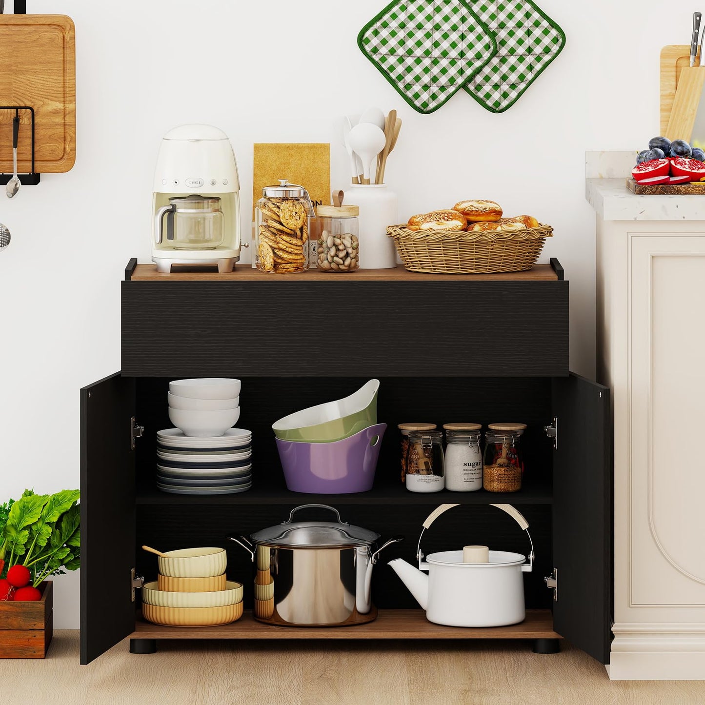 Giantex Sideboard Buffet Cabinet with Storage, Wooden Kitchen Storage Cabinet with Drawer and Push-to-Open Doors, Modern Coffee Bar Cabinet for Kitchen Living Room, 31.5”x12”x27.5” (Black)