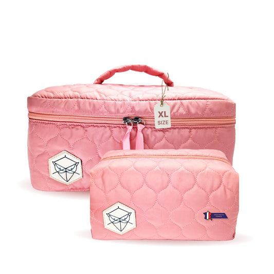 PINK PROTECT XL Quilted Makeup Bag Set of 2 - Extra Large Makeup Bag + Toiletry Bag for Women, Waterproof & Lightweight Cotton with Multiple Compartments, Perfect for Travel, Premium Stitching (Pink)
