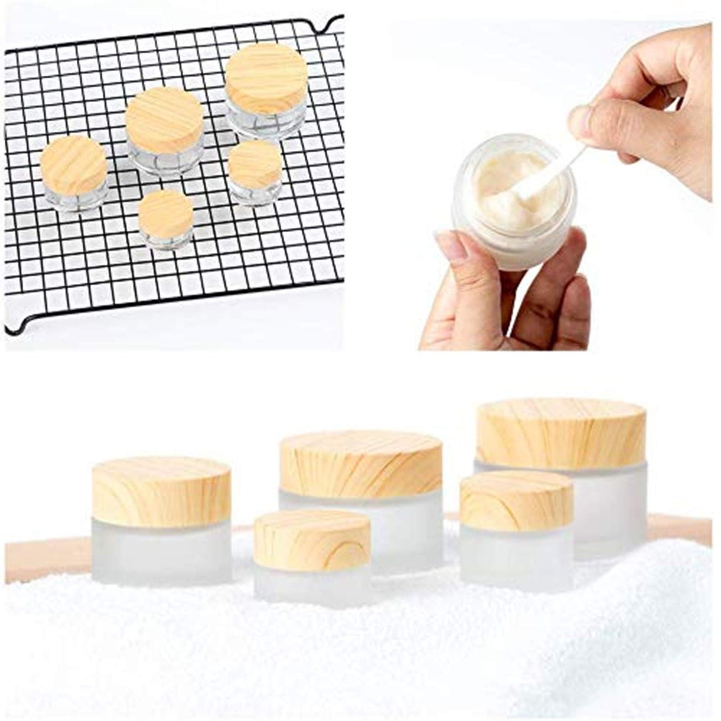 Healthcom 12 Packs 1 Oz Empty Jars 30ml Round Frosted Glass Cream Jar Bottles Holder with Wood Grain Lids Refillable Case Vial Pot Cosmetic Container Glass Bottles for Lotion Face Lip Balm Eye Cream