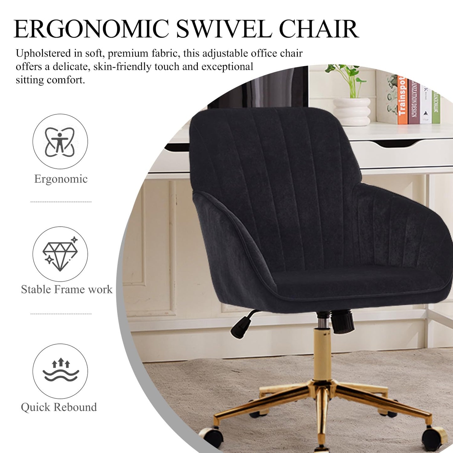 Klwenas Maec Black Velvet Desk Chair for Home Office, Modern Adjustable Computer Task Chair Swivel Chair Cute Vanity Chairs with Arm Rest for Bedroom Living Room Make-up Room (Black-Gold)
