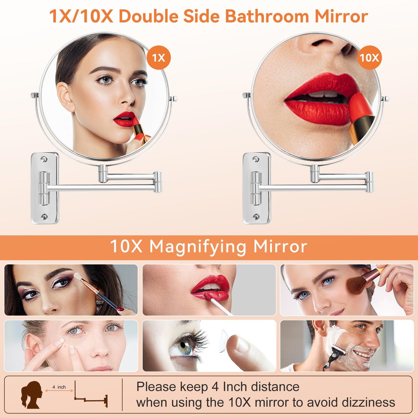 AumVum 8 inch Wall Mounted Makeup Mirror, 1X/10X Magnifying Double-Sided Wall Mount Shaving Mirror (Close-Up 10X) with Extendable Arm, 360° Swivel for Bathroom Vanity, Chrome (No Light)