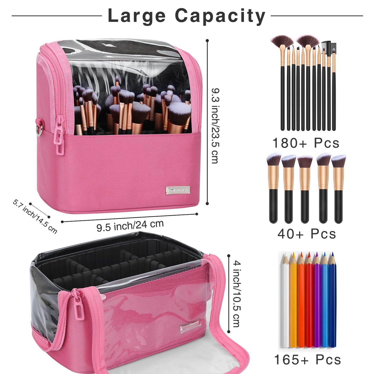 TANTO Makeup Brush Case Stand-up Makeup Cup Makeup Brush Holder Travel Professional Cosmetic Bag Artist Storage Bag Large Makeup Bag with Adjustable Divide (Rose Pink, 1-Large)