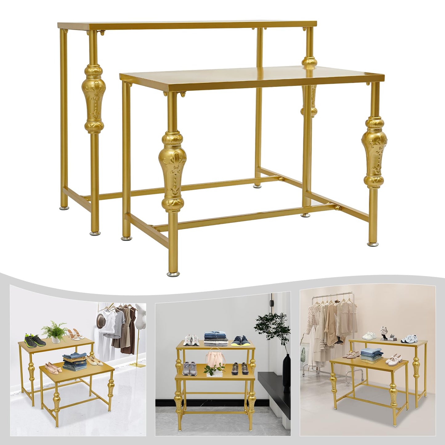 WoopJeem 2 Pack Gold Retail Display Tables, Modern Boutique Shoe Handbag Clothing Stand, HeavyDuty Display Riser Shelf for Store, Home, Showroom, Vendor Events
