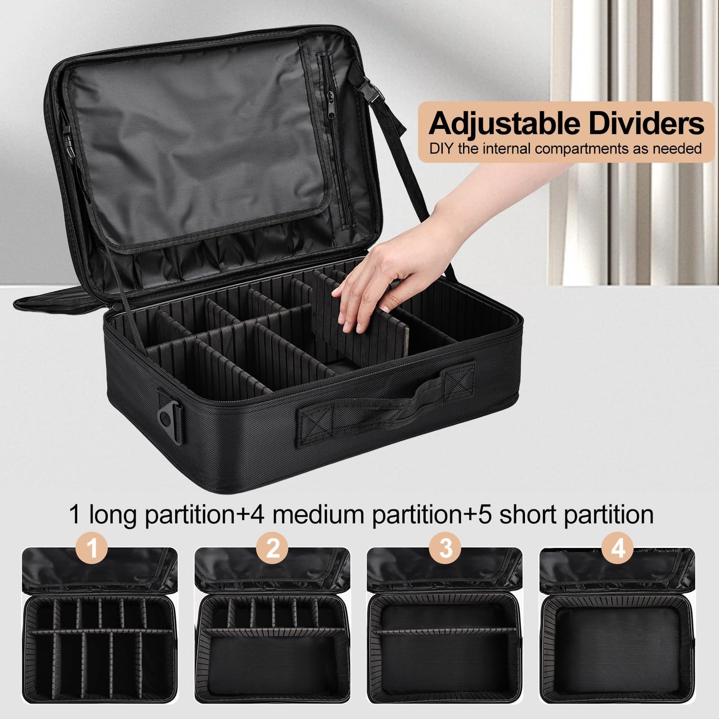 Professional Makeup Train Case with Brush Holder, Large Makeup Travel Bag Organizer, Portable Cosmetic Carry Case 3 Layer Makeup Artist Storage Box with Adjustable Dividers and Shoulder Strap, Black