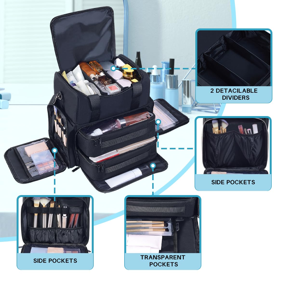 BODMZUANHO Large Makeup Bag with 2 Removable Case Cosmetic,Black
