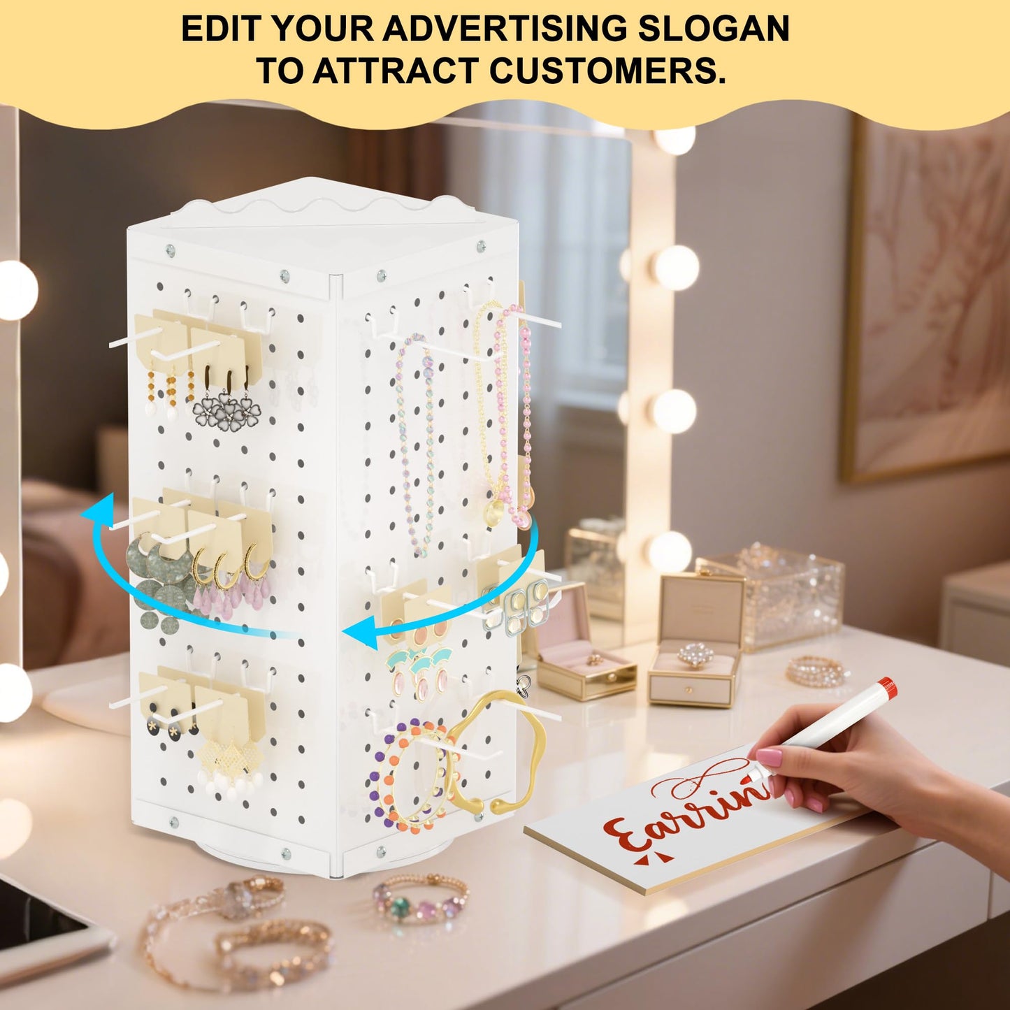 Urban Deco 360° Rotating Pegboard Display Stand with Signage, 4-Sided Spinning Peg Board Stand with 24 Hooks for Jewelry, Earring & Keychain Holder Displays for Craft Shows & Vendor Events (White)