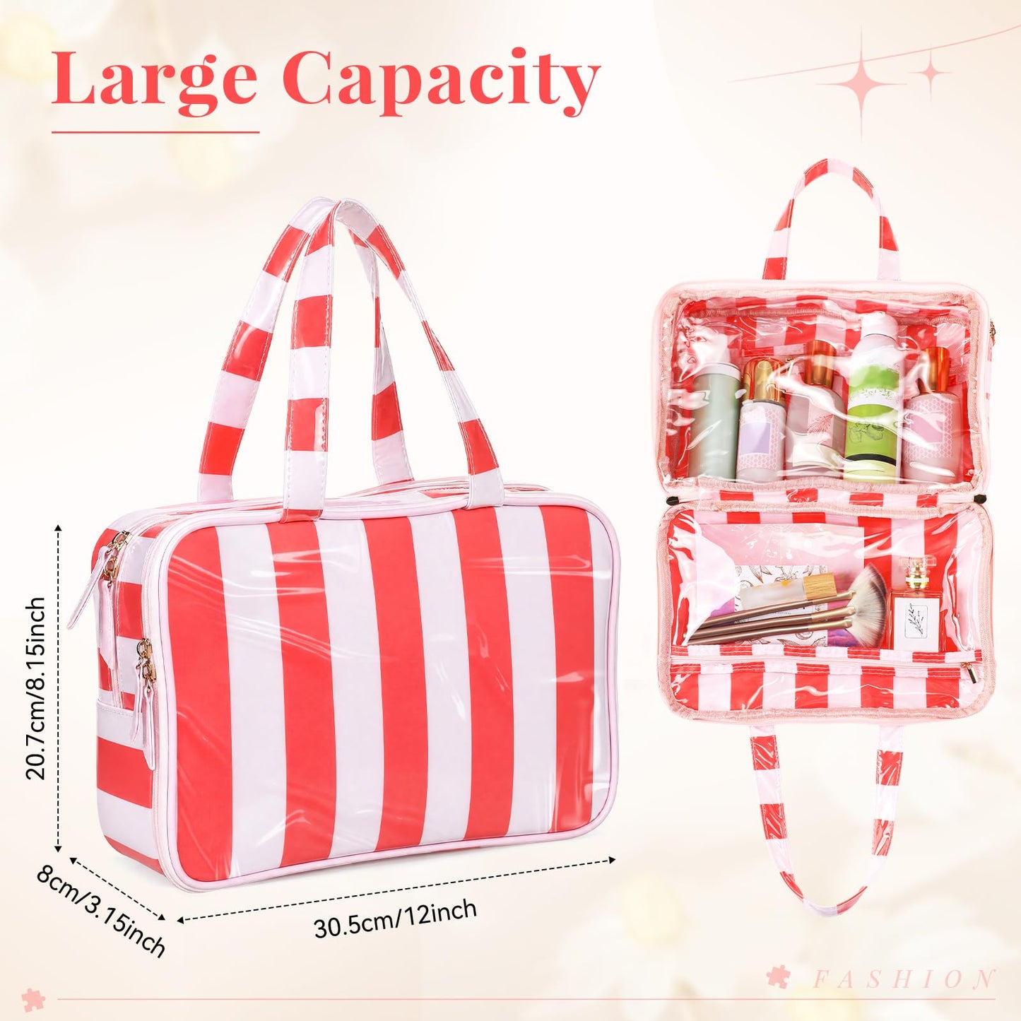 SilTriangle Travel Toiletry Makeup Bag for Women, Striped Waterproof Polyester Cosmetic Bag with Handle, Portable Organizer Case with Fold-out Compartments for Skincare, Conditioner, Brushes(Orange)